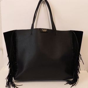 Victoria's Secret Black Faux Leather Fringe Pebbled Large Travel Carry On Tote